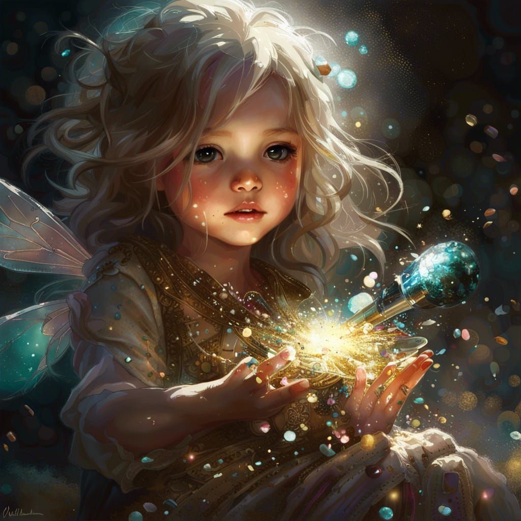 Chibi Fairy Scattering Glitter in a Maximalist Style