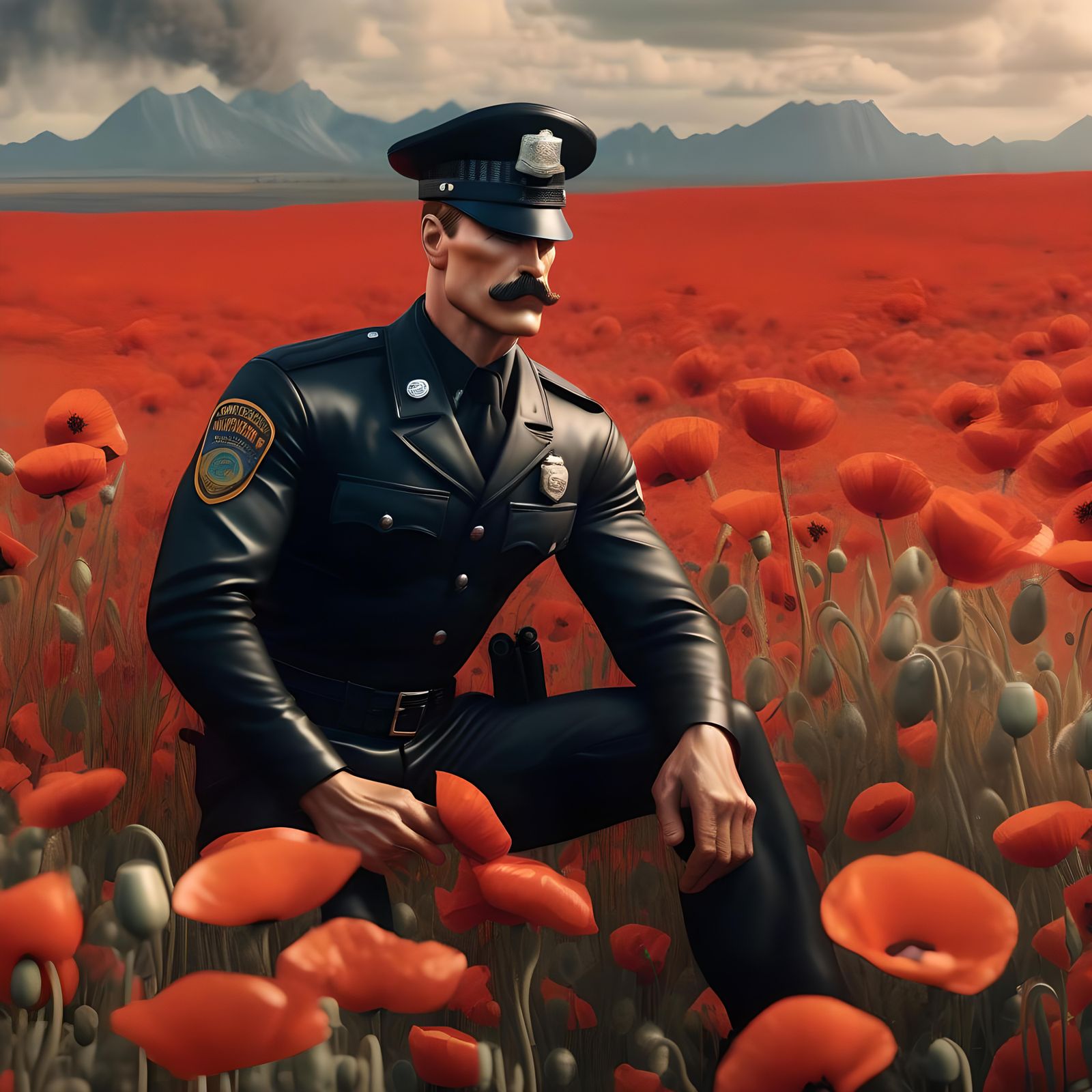 Muscular Policeman in Poppy Field Digital Painting