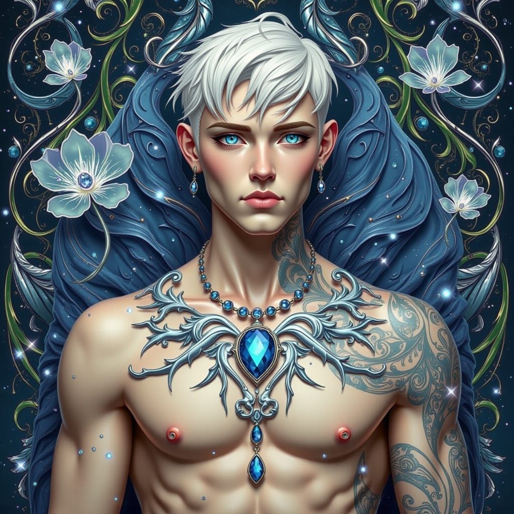 Art Nouveau Man with Sapphire Pendant and Tattoos