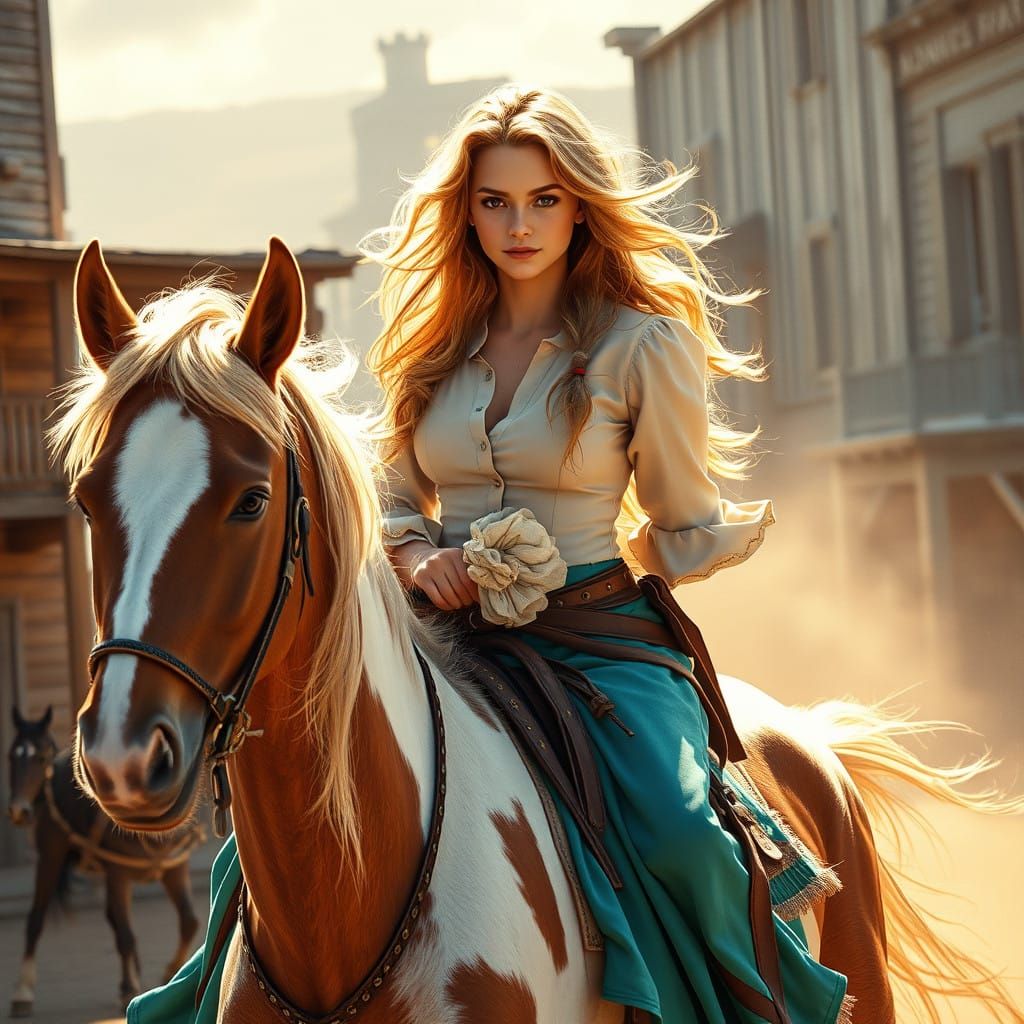 A Turquoise Clad Cowgirl Rides Through the Wild West Town