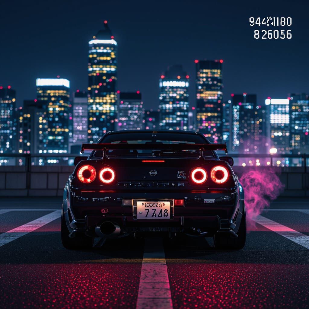 Dark Custom Nissan Skyline GT-R at Night, Retro Film Photo