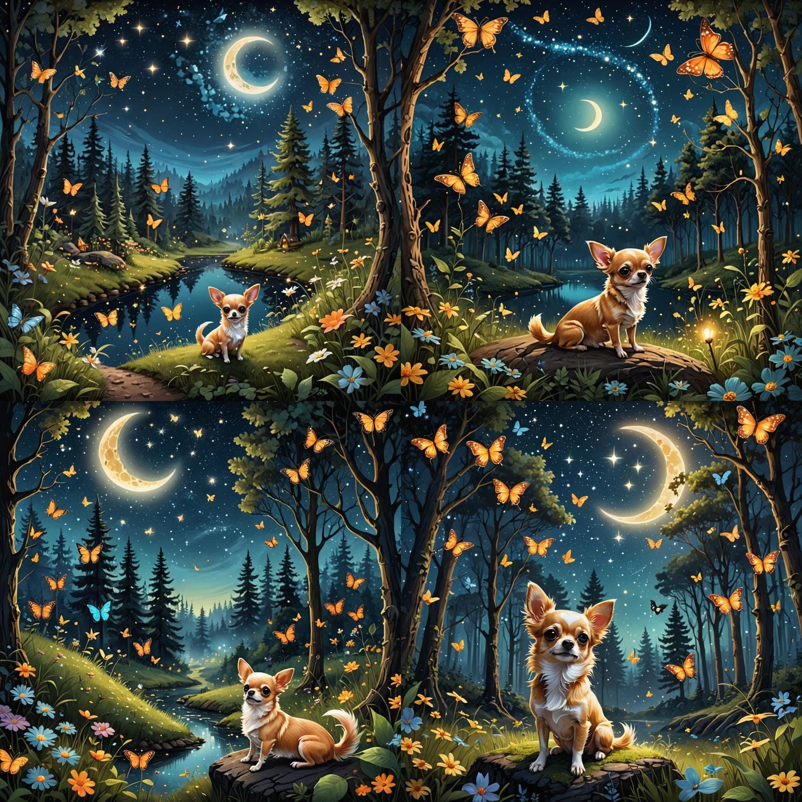 chihuahua, fairy forest, butterflies, fireflies, night, calm...