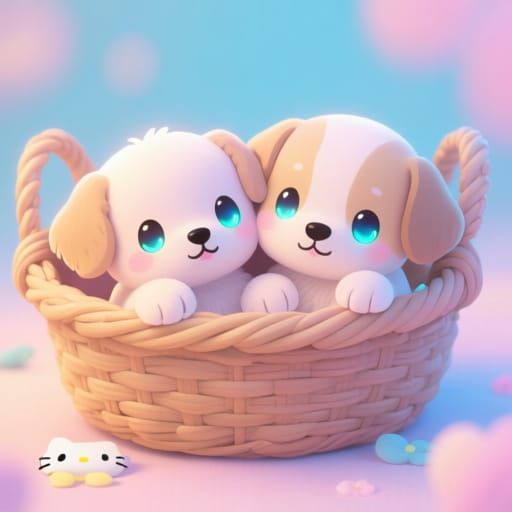 Kawaii Puppies in a Basket, Whimsical Digital Art
