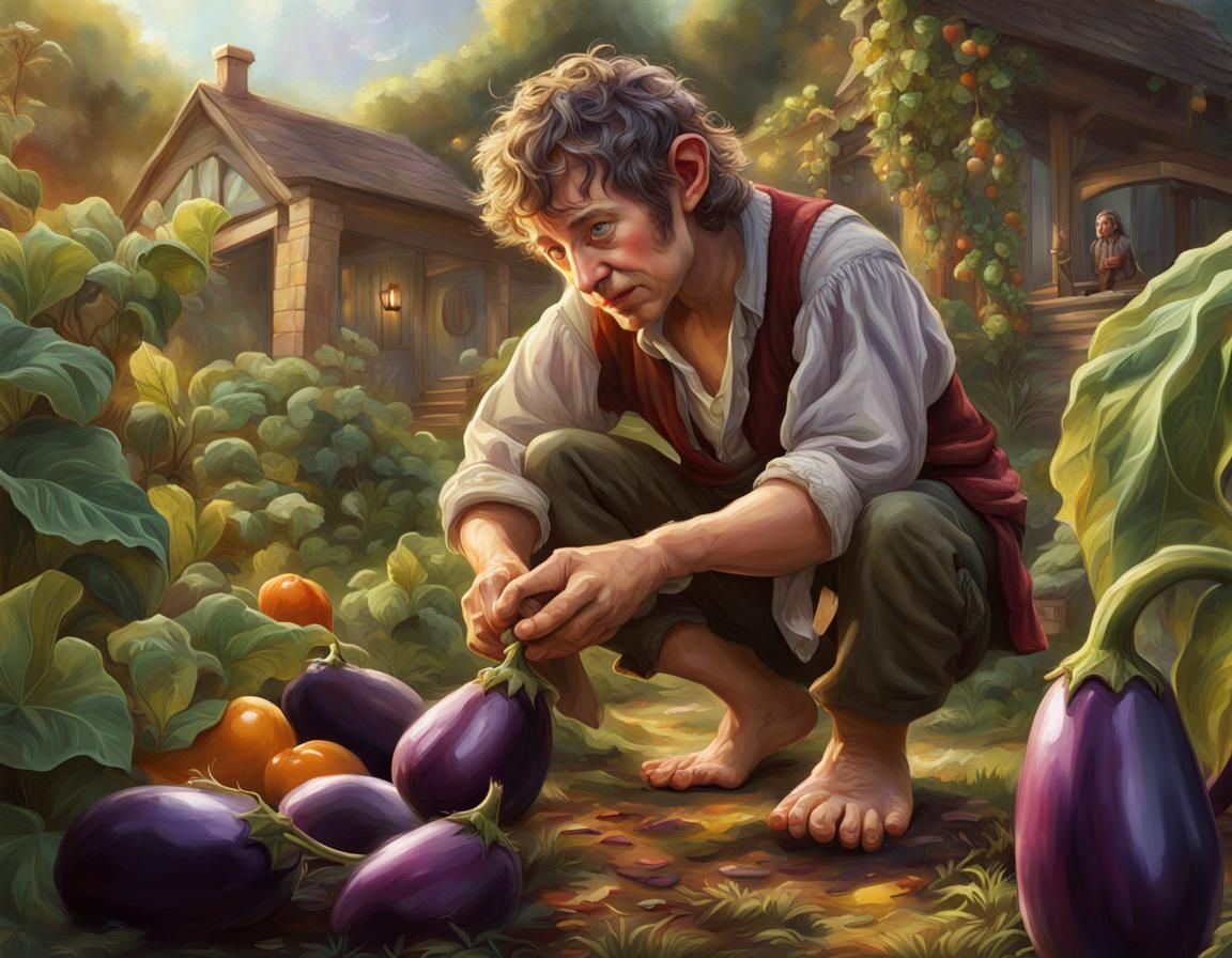 Hobbit Harvesting Eggplant in Hyperrealistic Garden