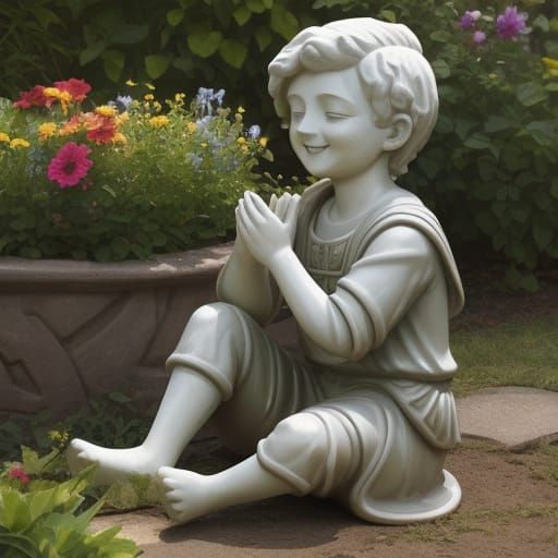 Smiling Clay Boy Statue in Garden Sunlight