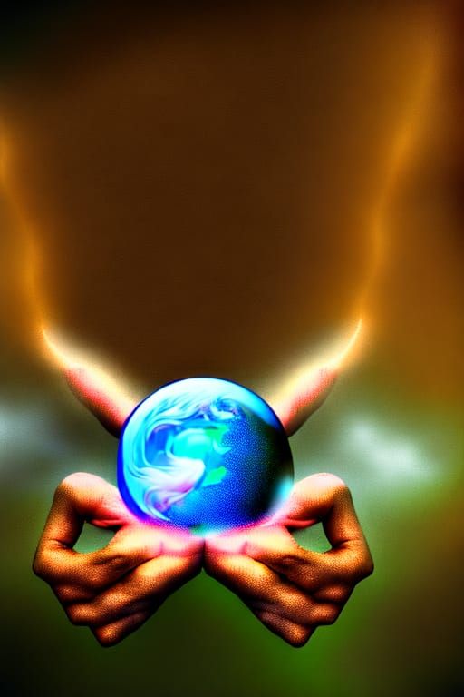Ethereal Hands Hold Earth in Water Bubble