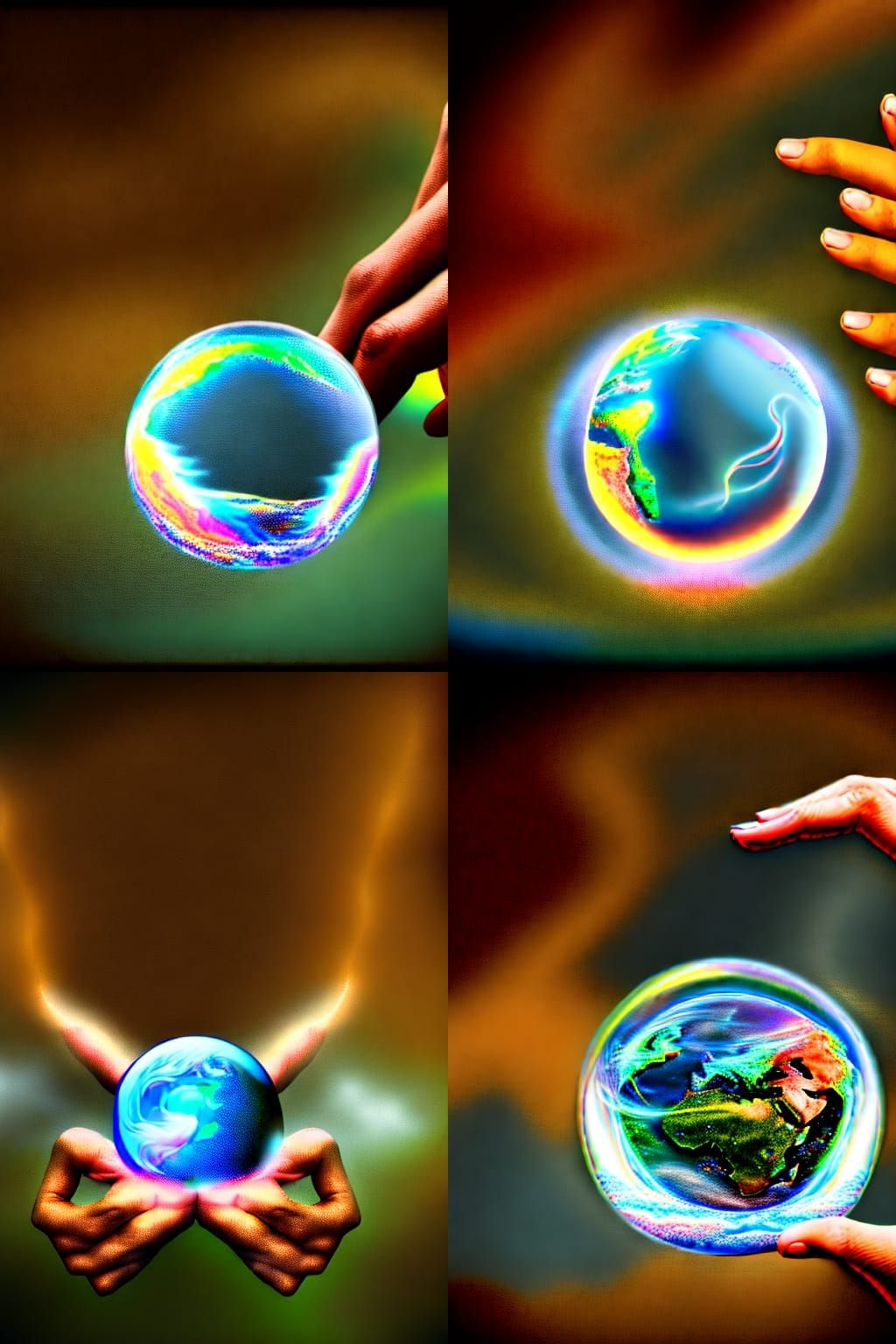 Ethereal Hands Holding Earth in Water Bubble