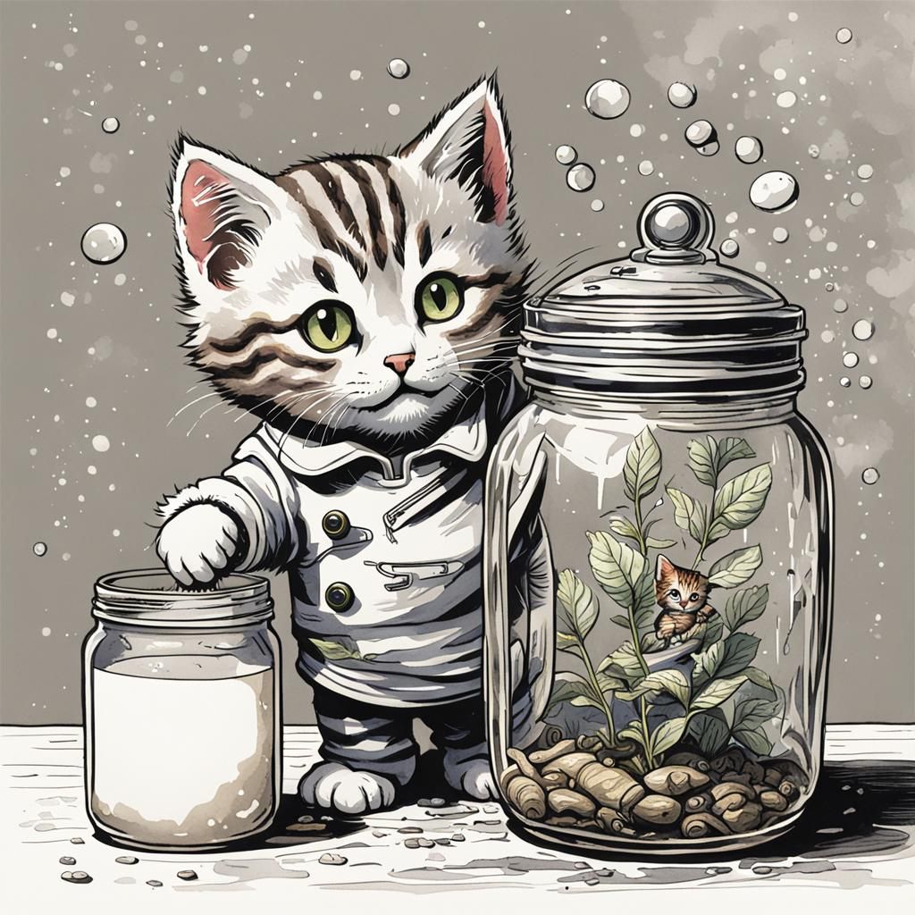 Tabby Kitten in Sailor Suit, Watercolor Comic Art