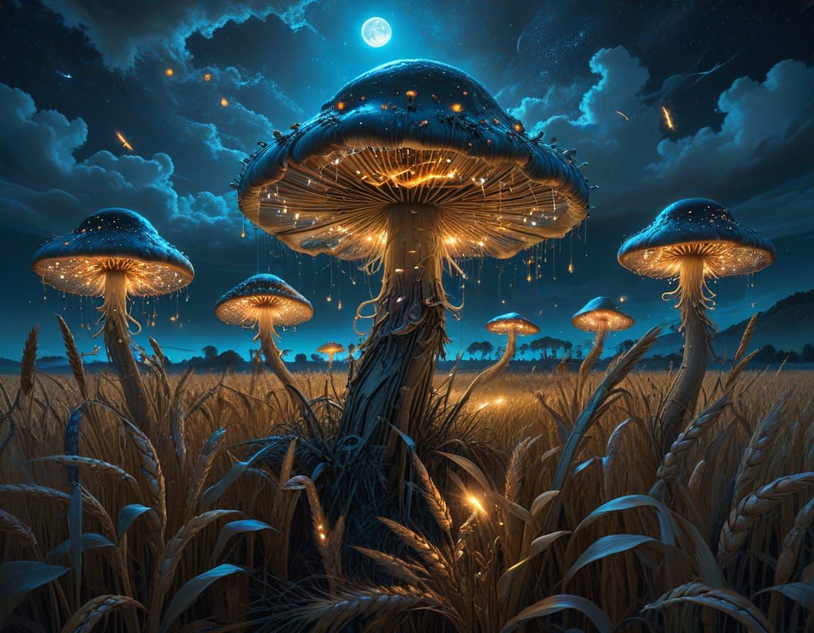 Surreal Landscape with Majestic Bioluminescent Mushrooms