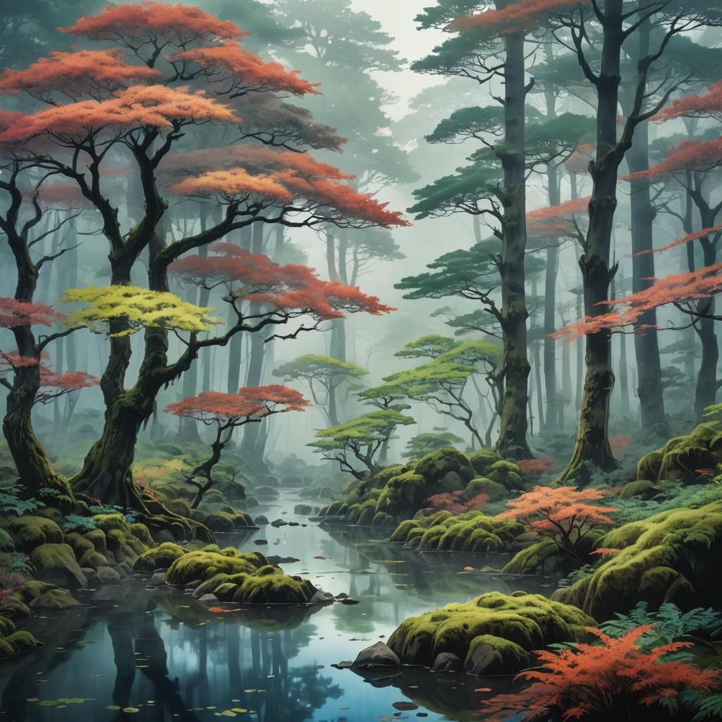 Ethereal Misty Japanese Forest Watercolor Landscape
