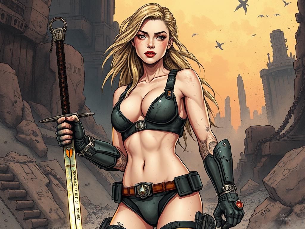 Wargirl in Desolate Landscape: Ligne Claire Illustration