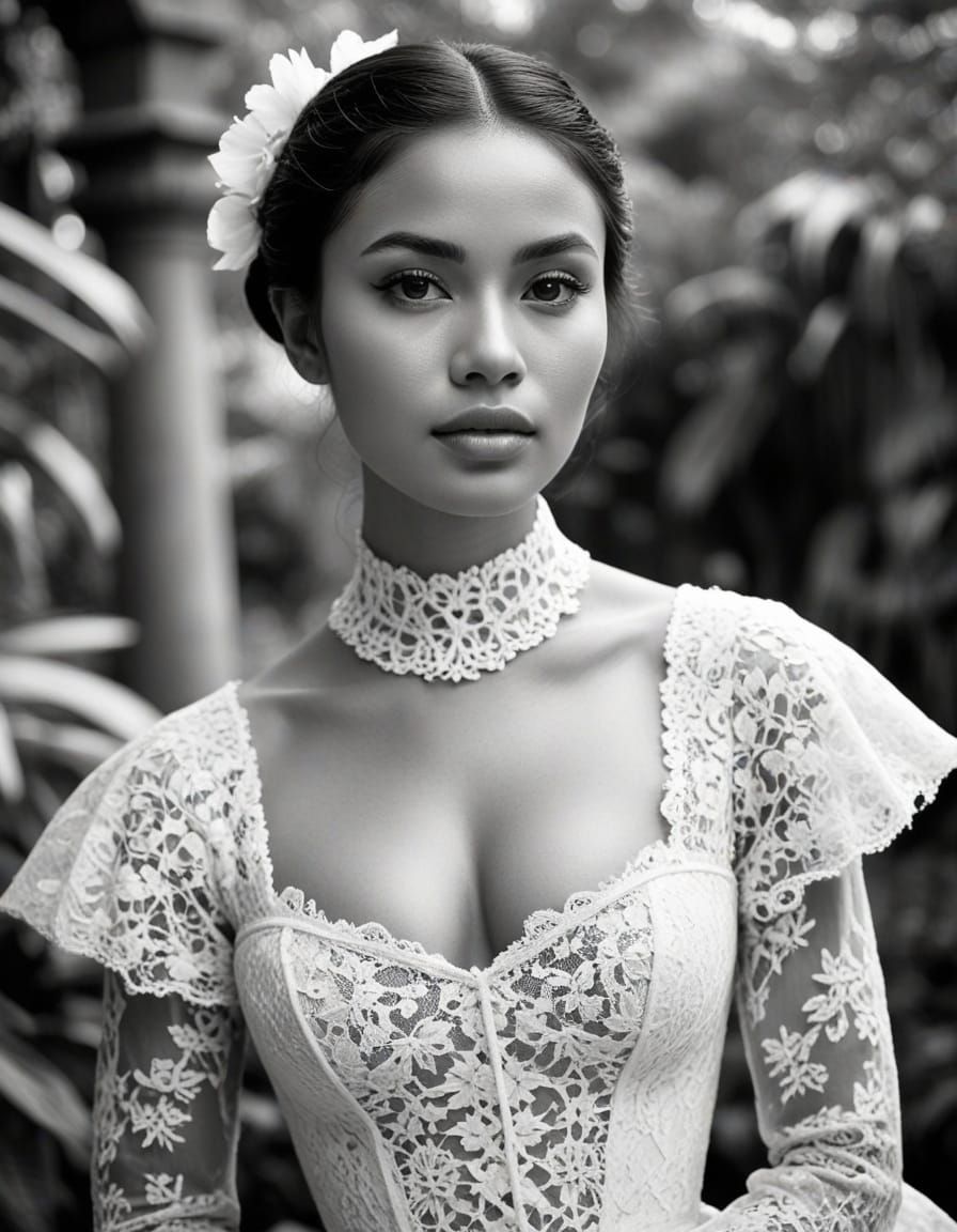 Vintage Photo of Indonesian Woman in Tropical Garden