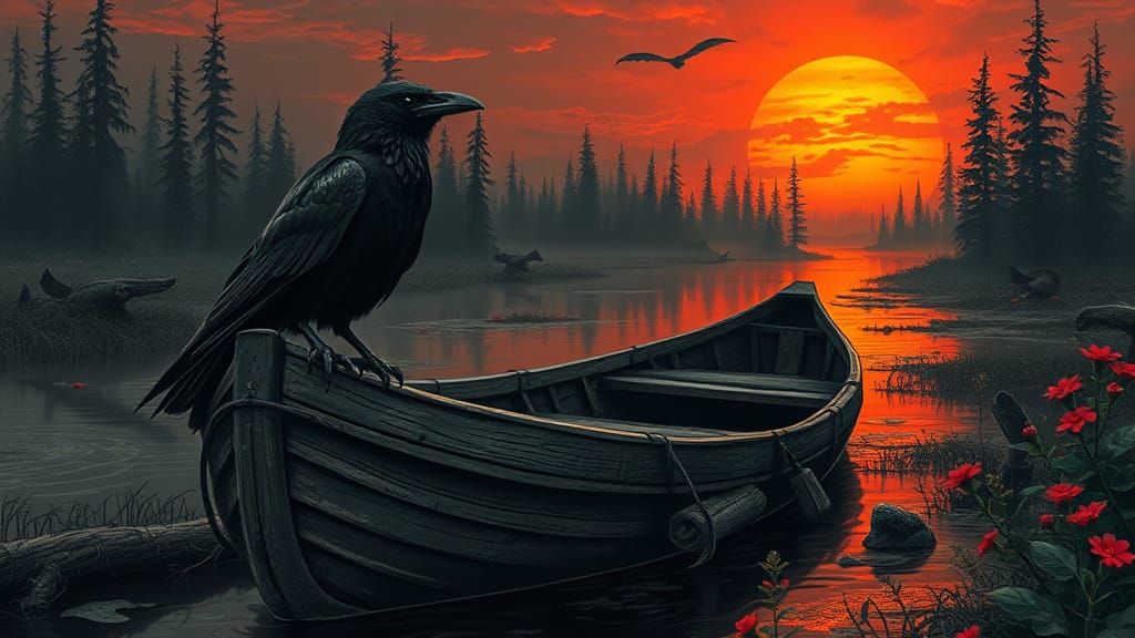 Raven on Decaying Boat at Sunset, Dark Fantasy Style