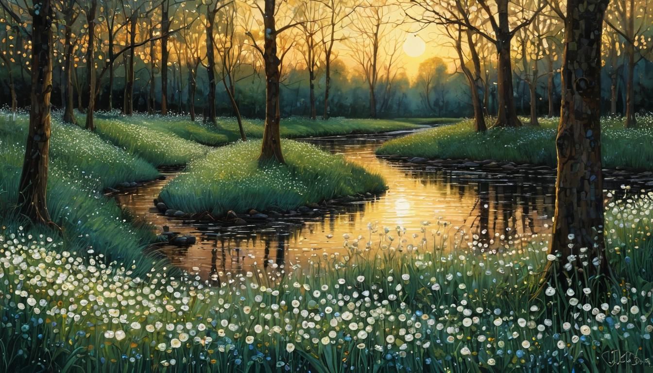 Ethereal Spring Landscape with White Blooms by the Stream