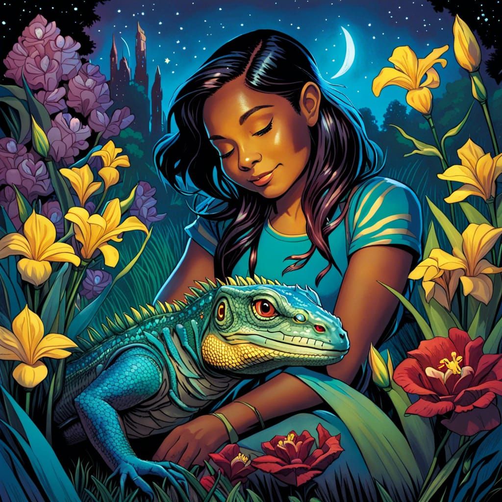 Girl and Iguana in Enchanted Flower Meadow