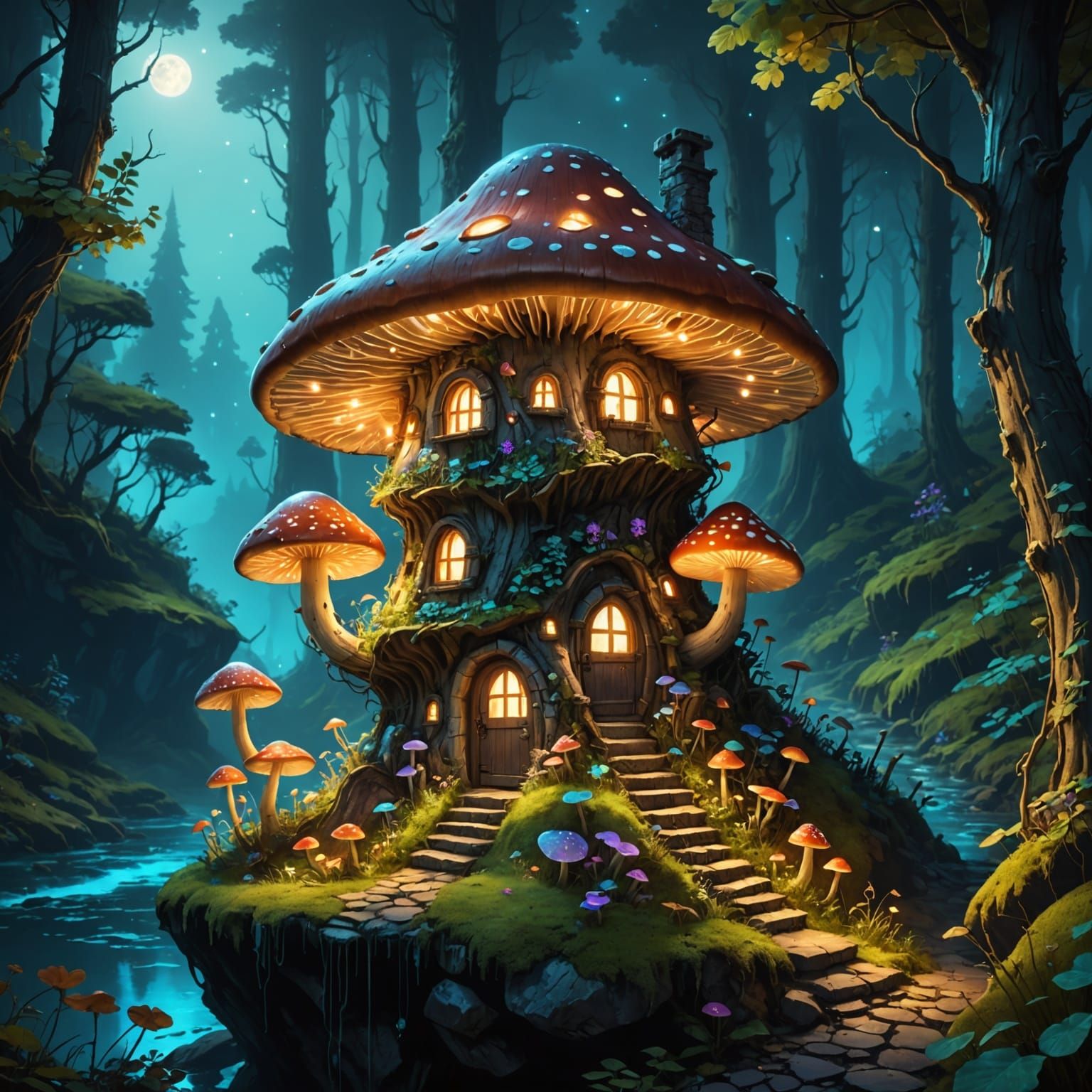 Whimsical Bioluminescent Cliffside Mushroom Village