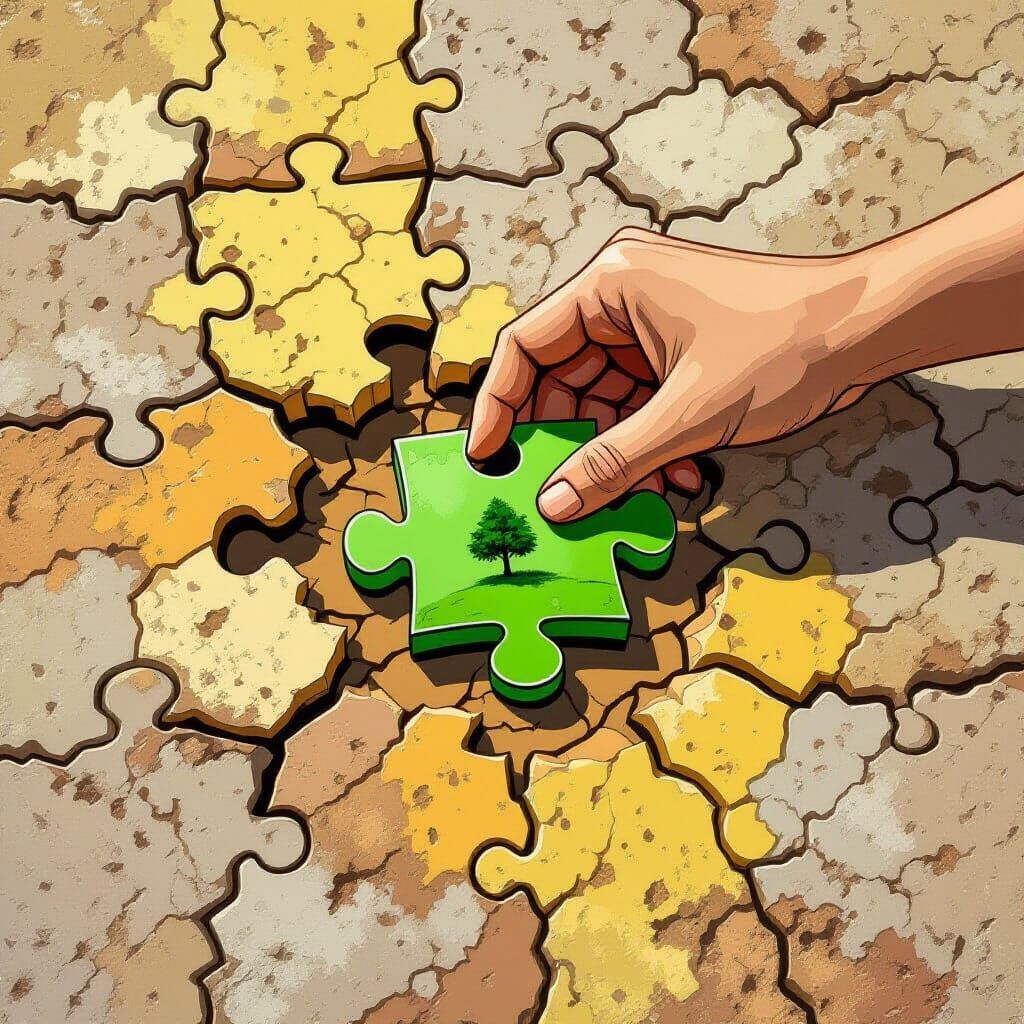 Mending Earth: Hand Places Green Puzzle Piece into Cracked P...