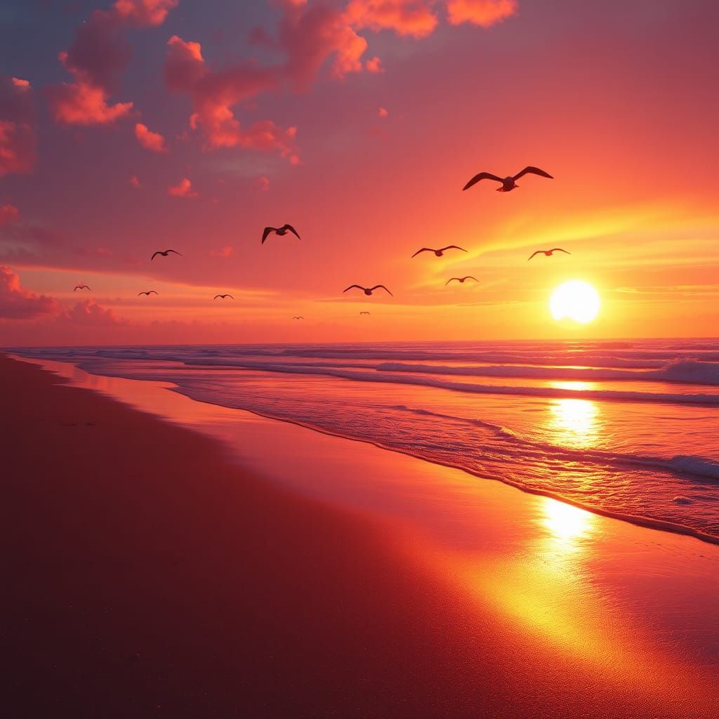 Sunset Beach with Birds in Flight