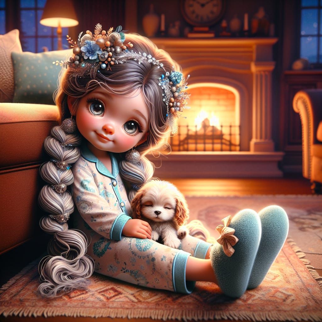 Disney Pixar style 3D adorable beautiful sleepy little Princess, expressive eyes, Long hair in braids with silver and bl...