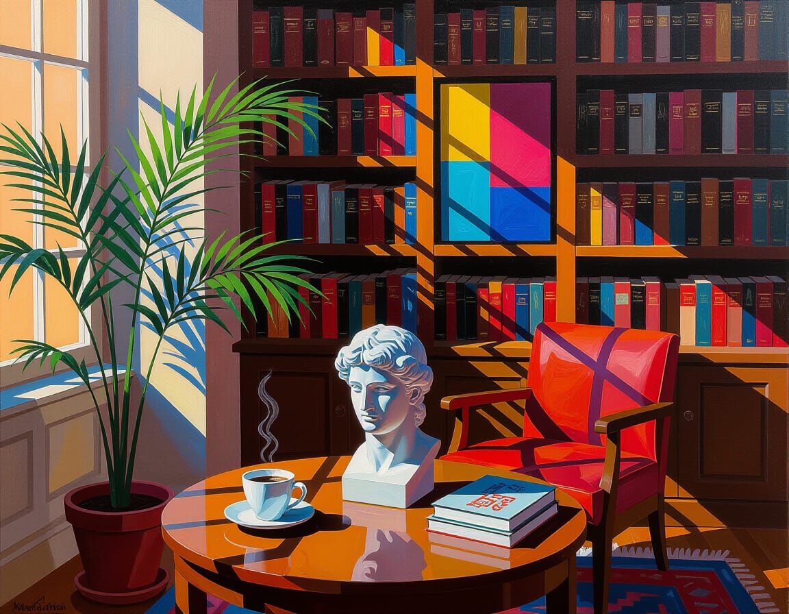 Abstract Expressionist Room with Bookshelves and Still Life