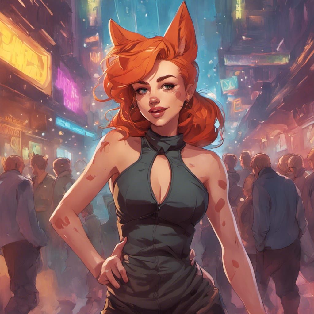 Adorable ginger Fox-girl VIXEN, wearing a cute Jumper Skirt, plus Cropped Top Set, standing in the middle of a dance hal...