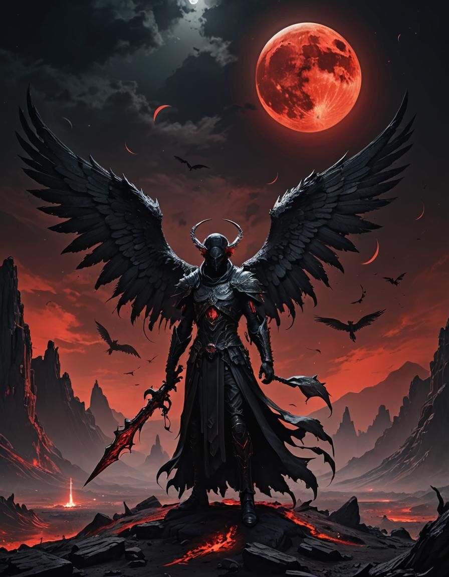 Dark Fallen Angel in a Black Desert Beneath a Blood-Red Moon