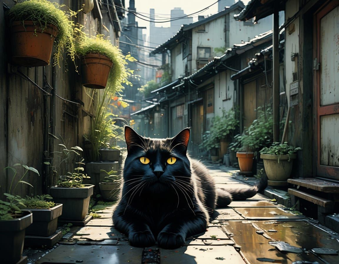 Black Cat Sunbathing on Japanese Rooftop as Watercolor Art