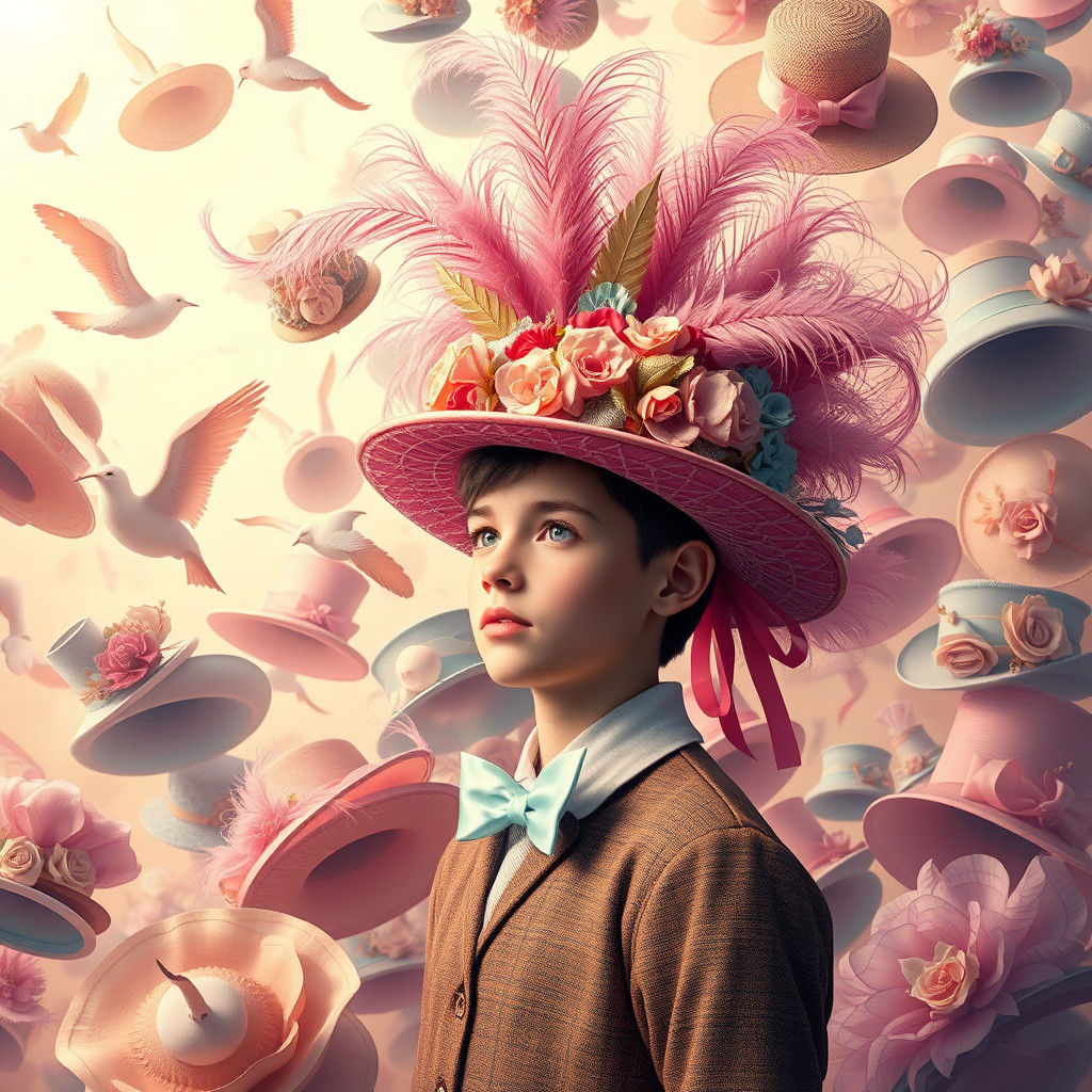 Kaleidoscope of Hats: A Surrealist Dreamscape in Pastel Hues