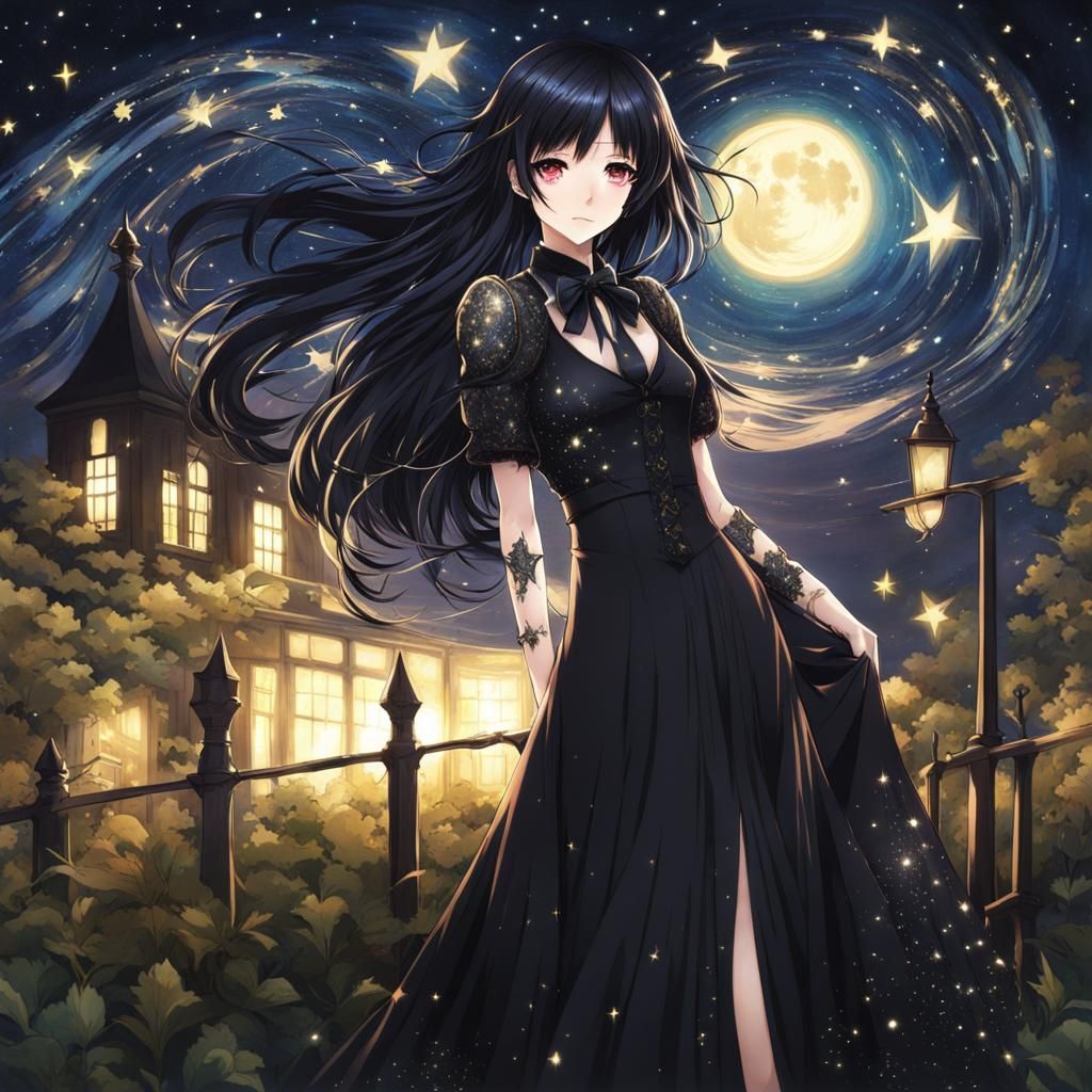 Gothic Woman in Starry Anime Style