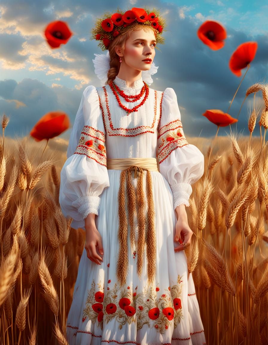 Slavic Woman in Poppies Wreath: Fantasy Art