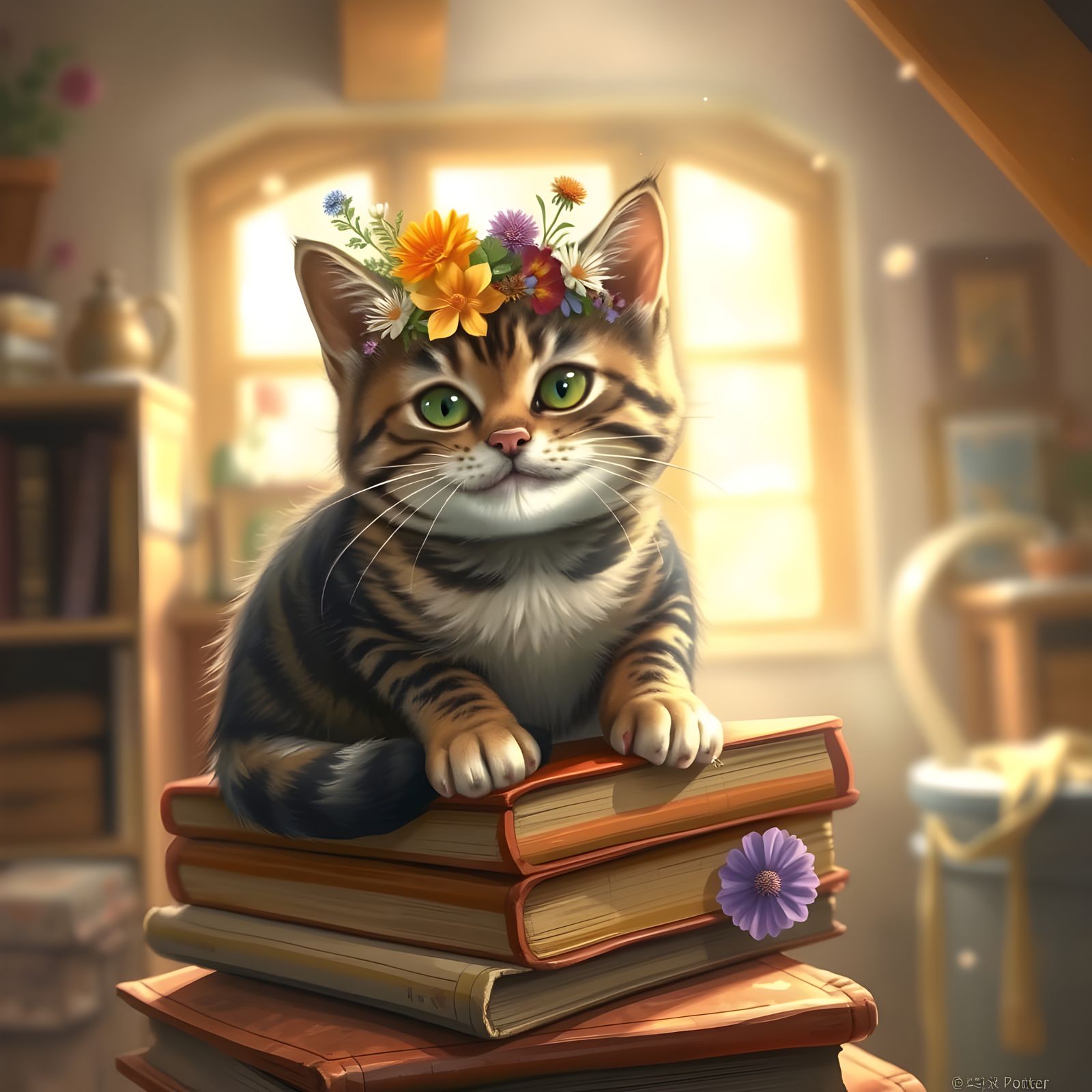 Whimsical Tabby Cat in Sunlit Attic Scene