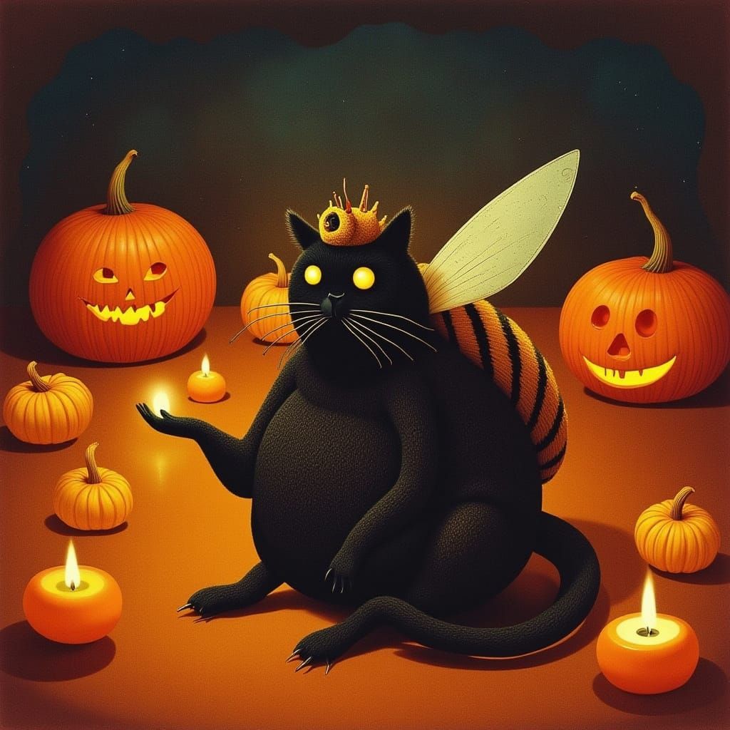 Fat Black Cat in Bee Costume with Jack-o'-Lanterns