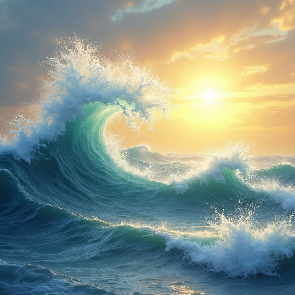 Surreal Digital Painting of Ocean Waves in Golden Light