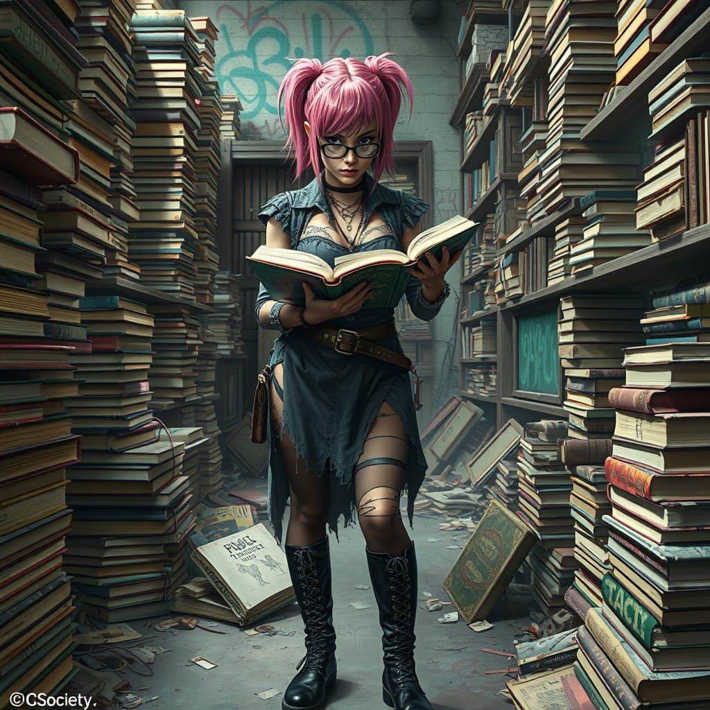 Punk Rock Librarian in Chaotic Library, CGSociety Style