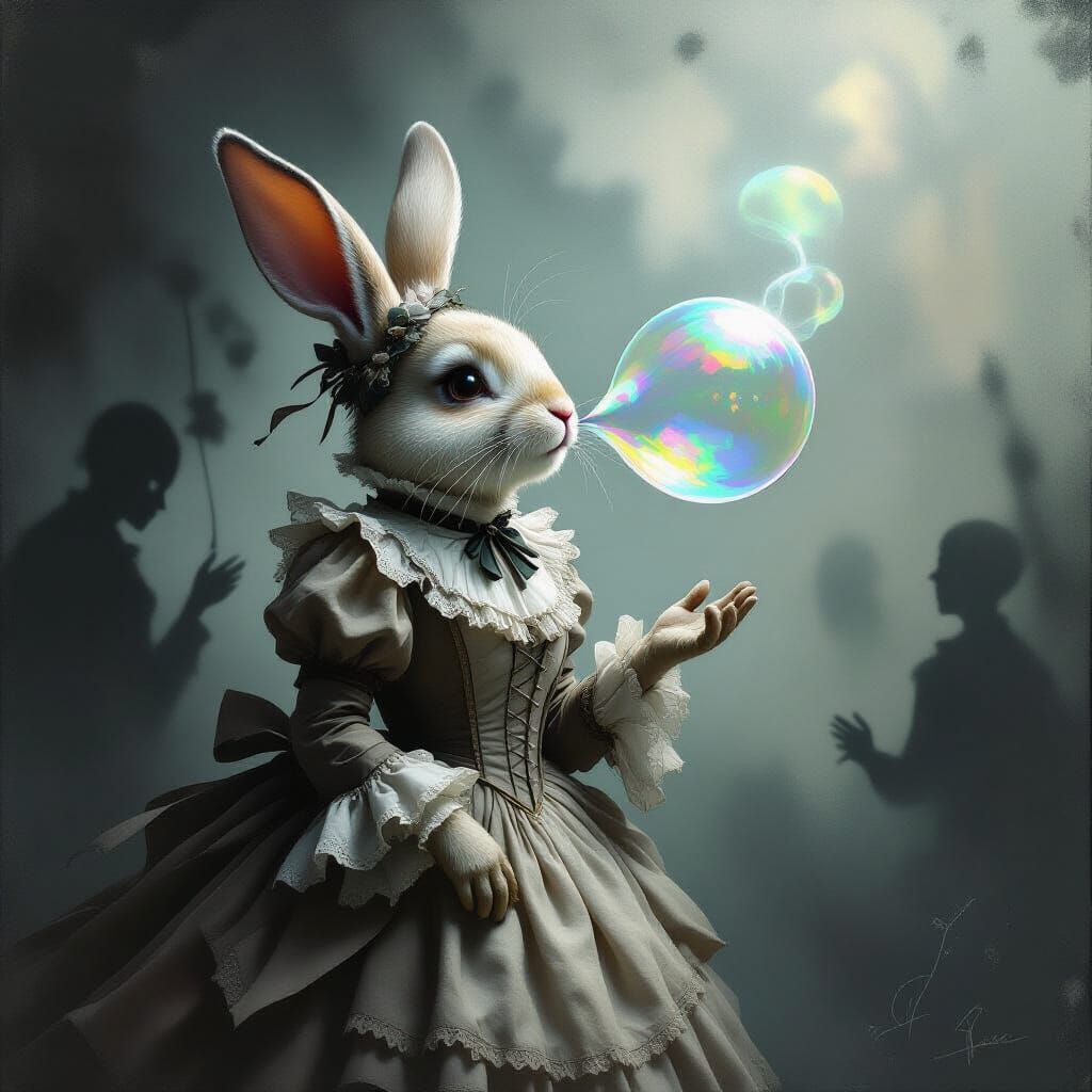Victorian Bunny Blowing Iridescent Bubble