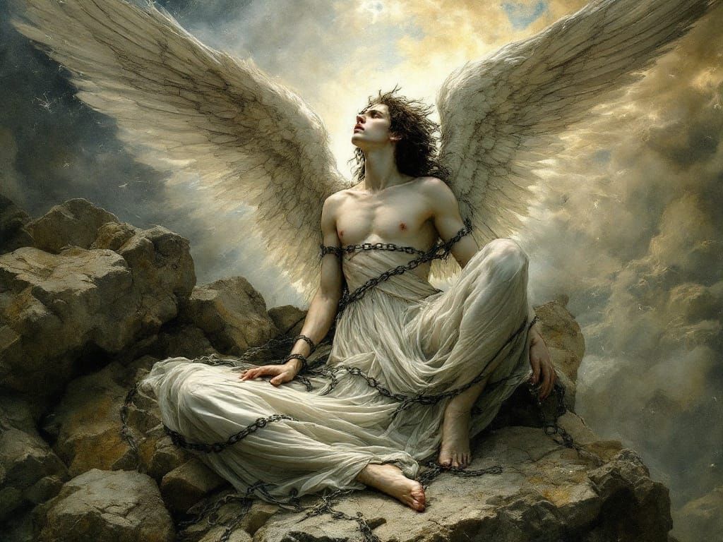 Enigmatic Angel Bound in Chains, a Magical and Ethereal Scen...