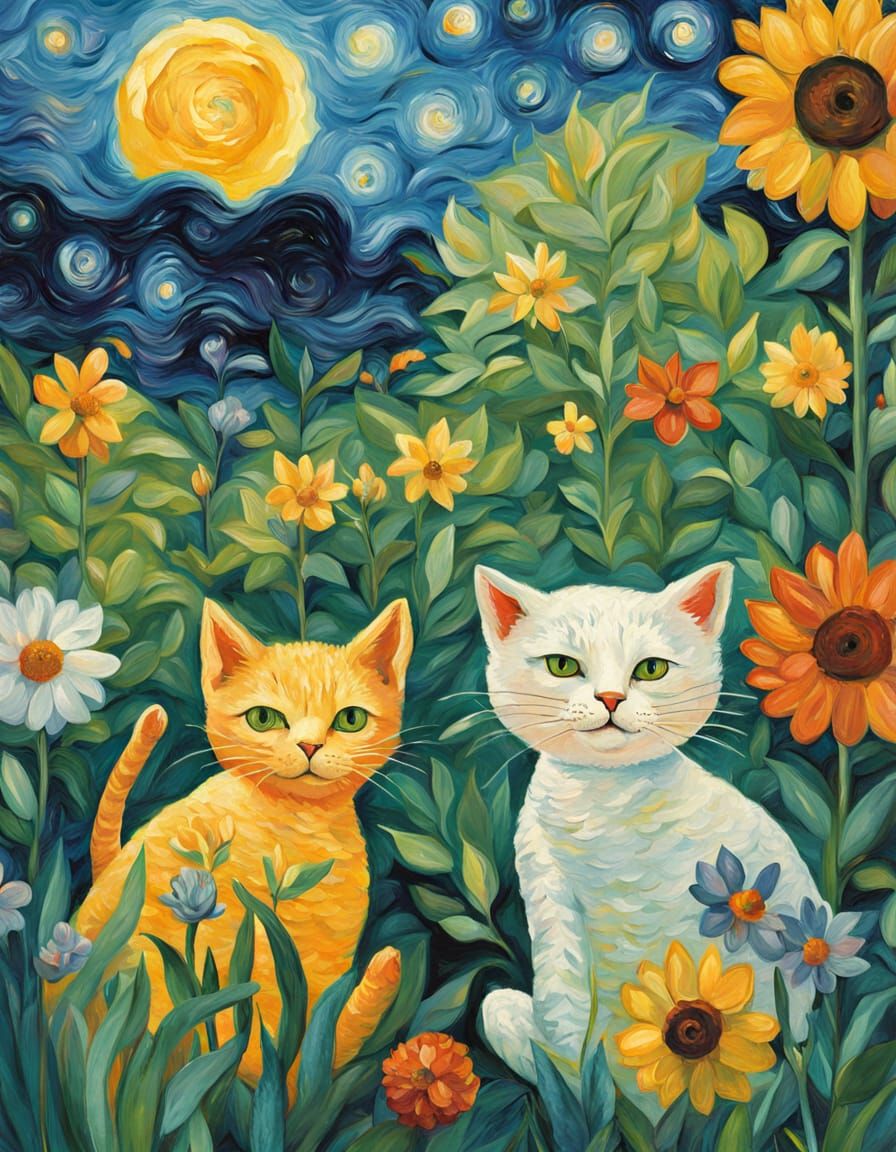 Vibrant Cats in a Sunny Garden - Impasto Post-Impressionist ...