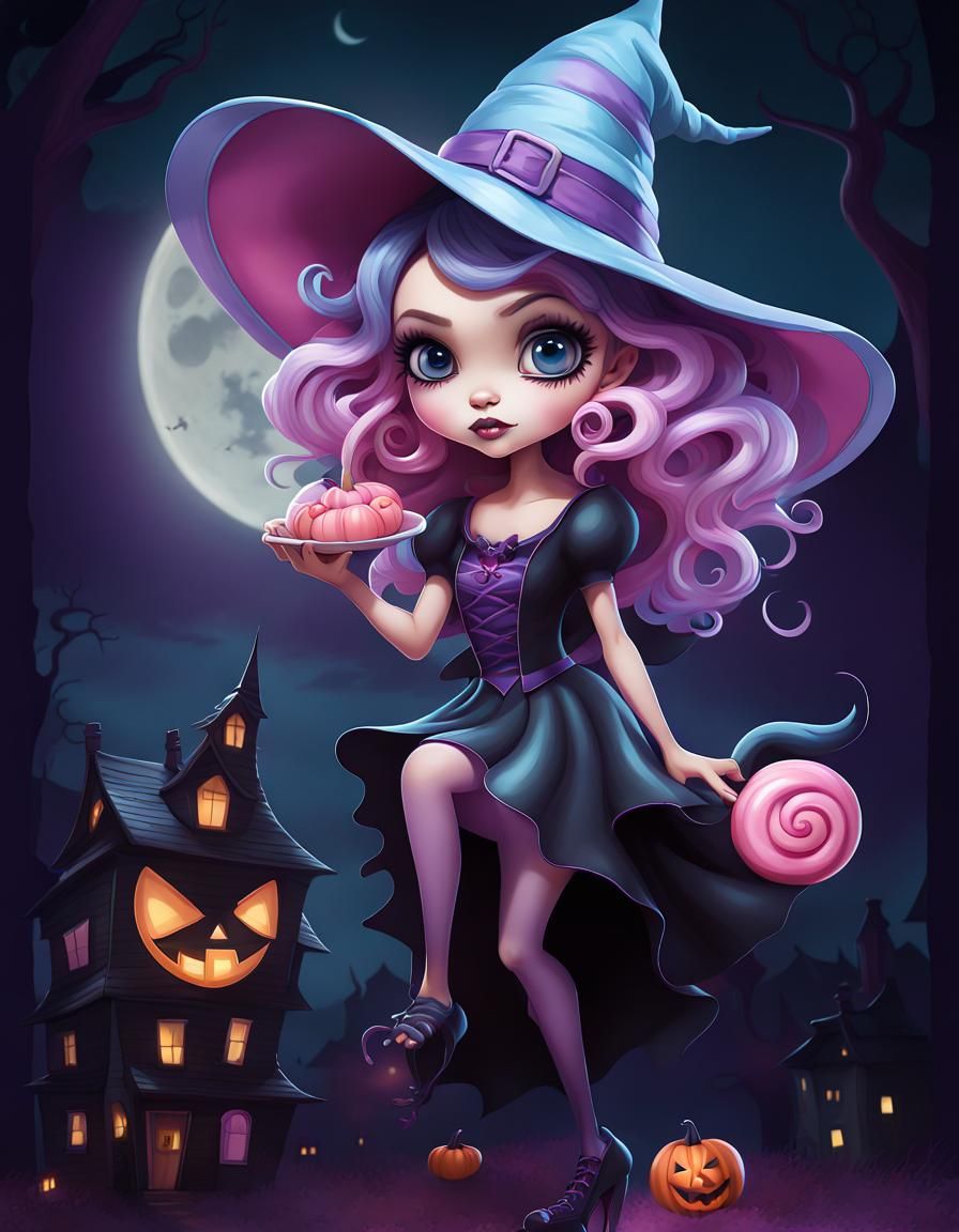 Disney Pixar style 3D pretty witch, big expressive eyes, purple and pink wavy hair, eating a swirled sucker, big light b...