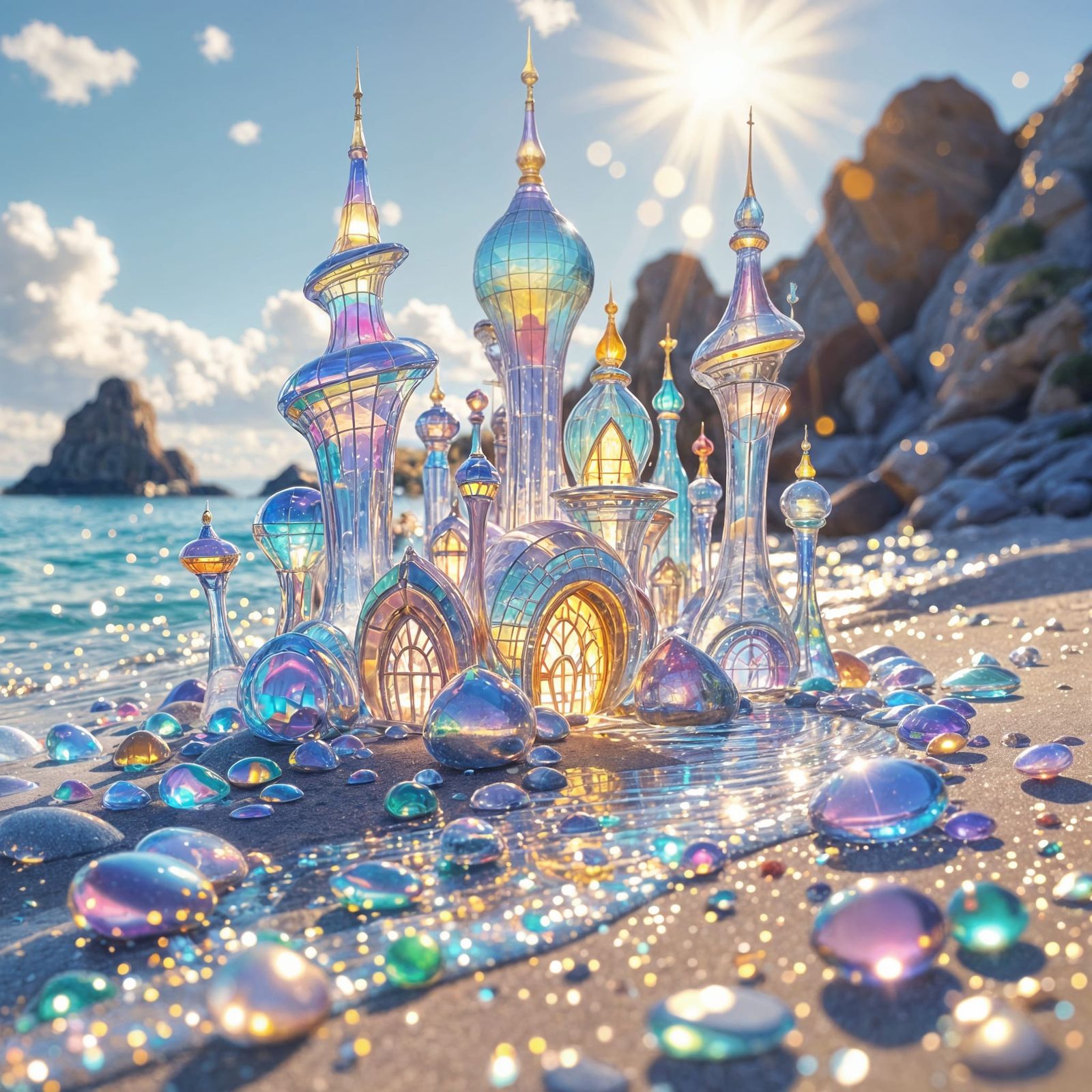 Fantasy Magic Buildings Formed From Shiny Glass Beach Pebble...
