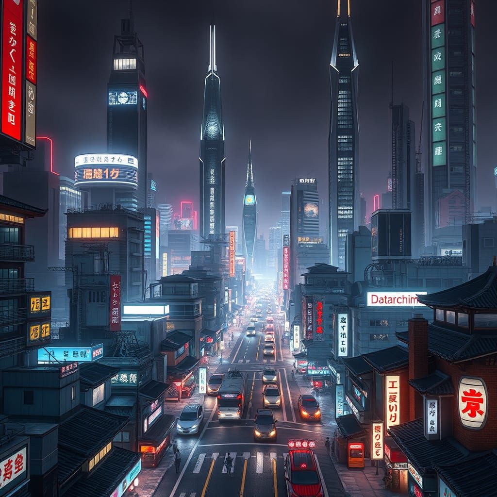 Futuristic Japan 3099: Hyperrealistic Cityscape with Neon Li...