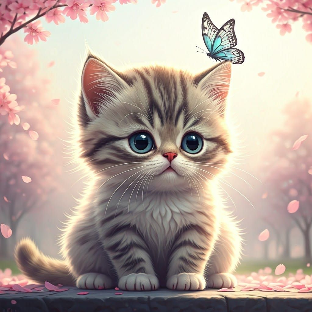 Kitten with Butterflies in Dreamy Watercolor Style