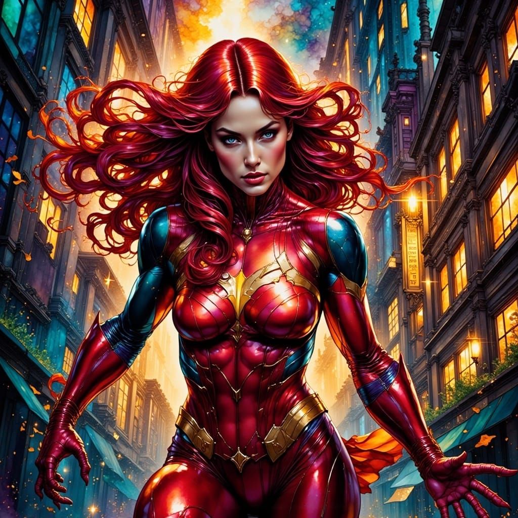 Scarlet Superheroine in Gritty Comic Book Style