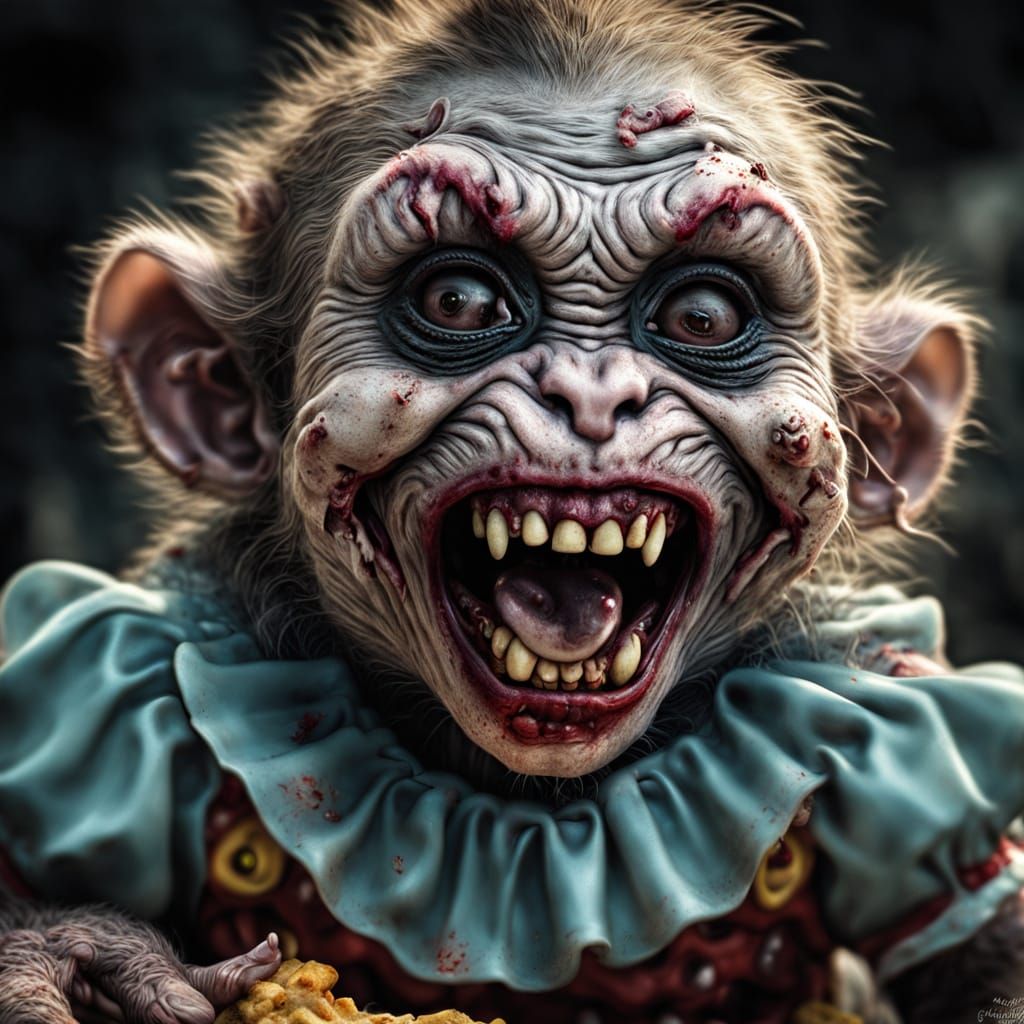 Hyperrealistic Zombie Monkey Clown Eats a Rat