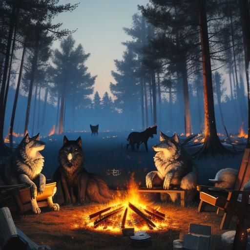 Wolf Pack Chilling Around a Fire