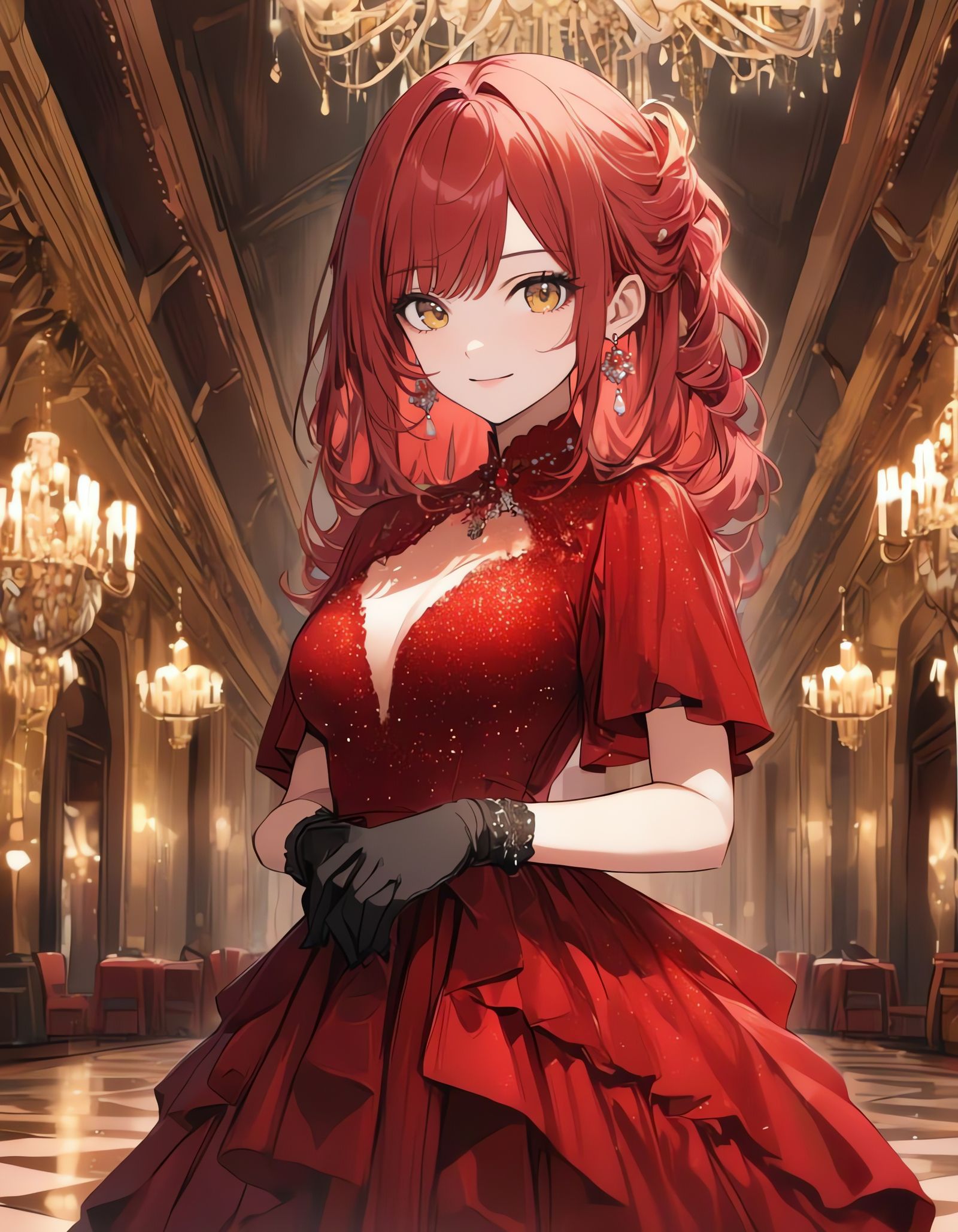Elegant Red Haired Woman Smiles in a Lavish Ballroom