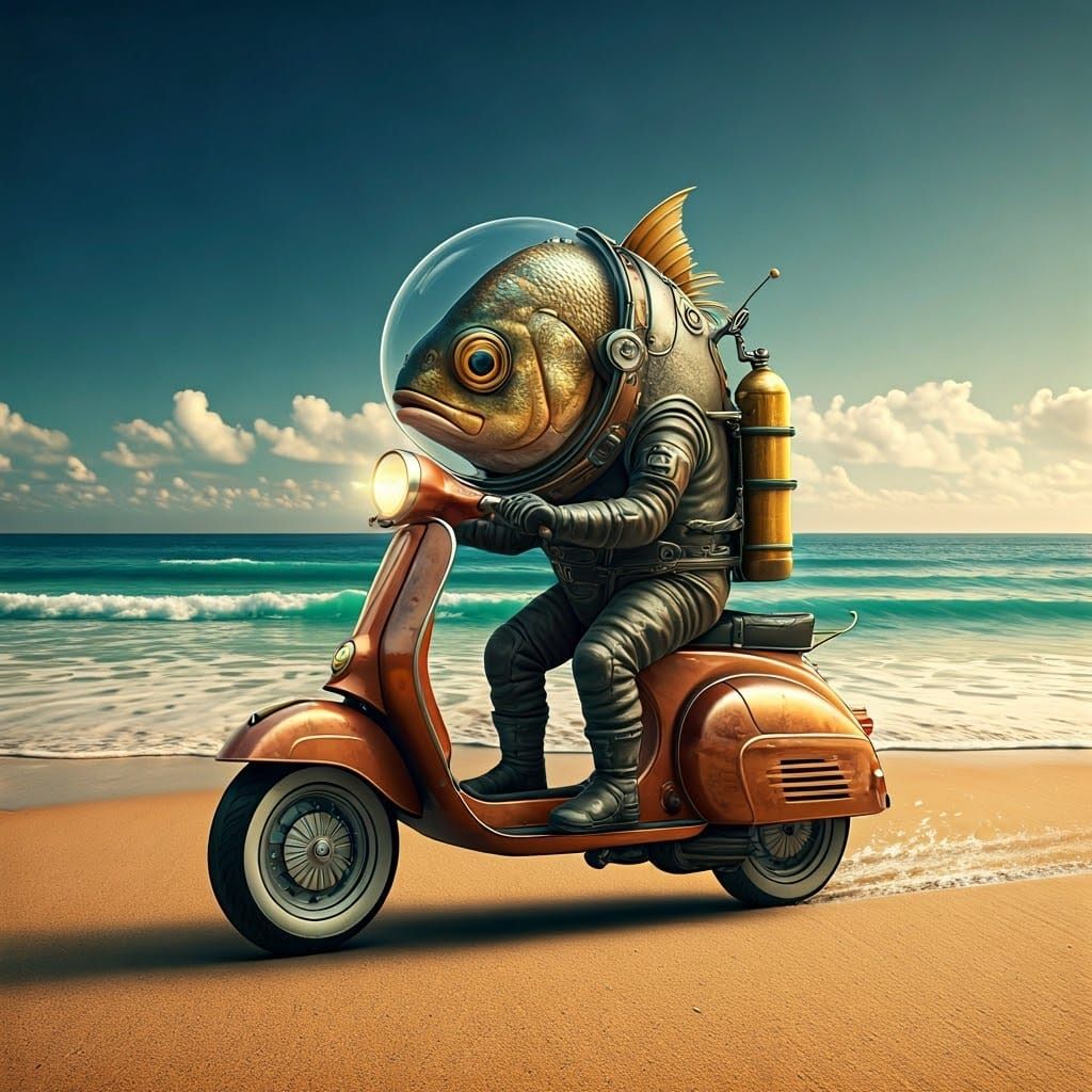 A fish in a space suit, coming out of the ocean to explore t...