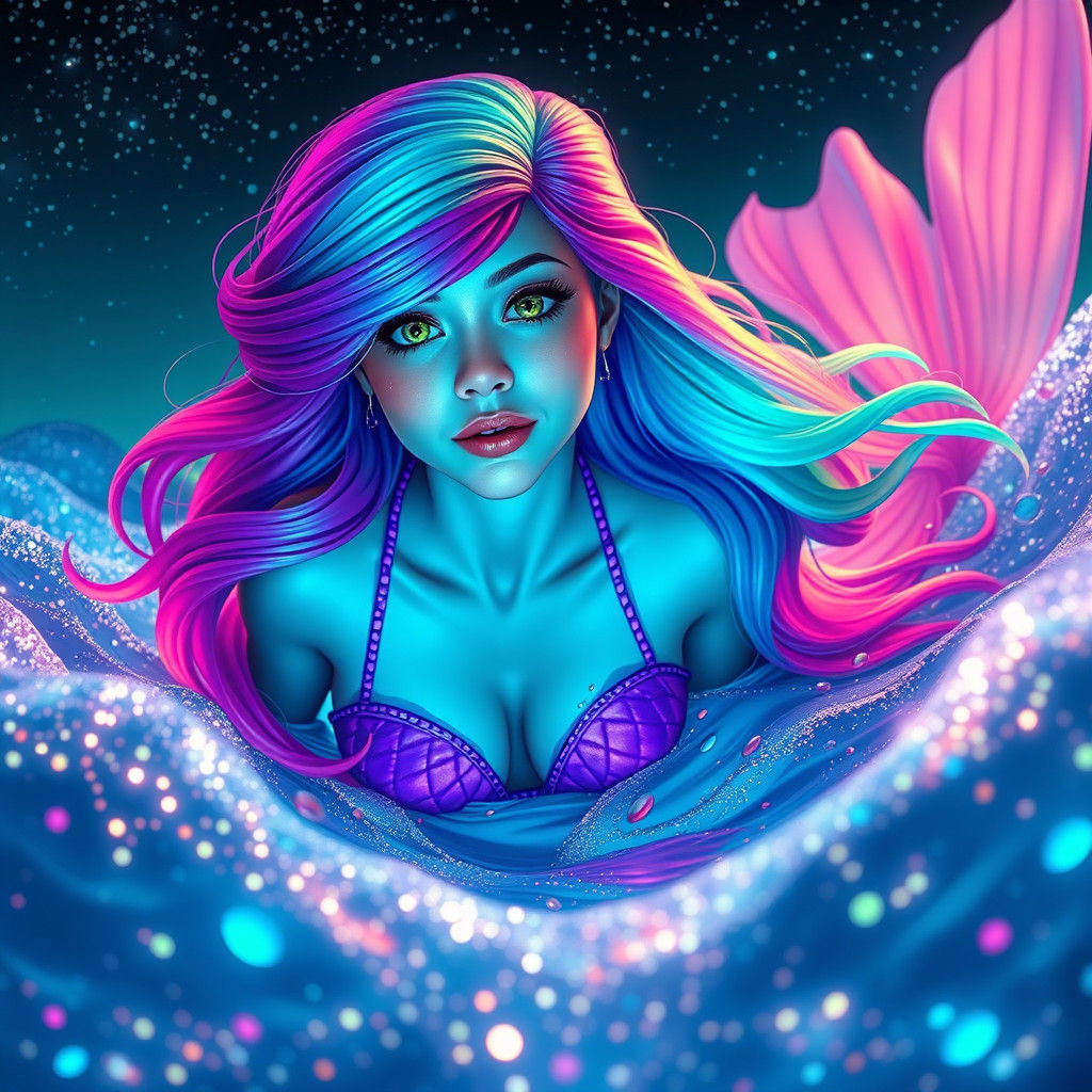 Enchanting Mermaid in Bioluminescent Ocean, Digital Art