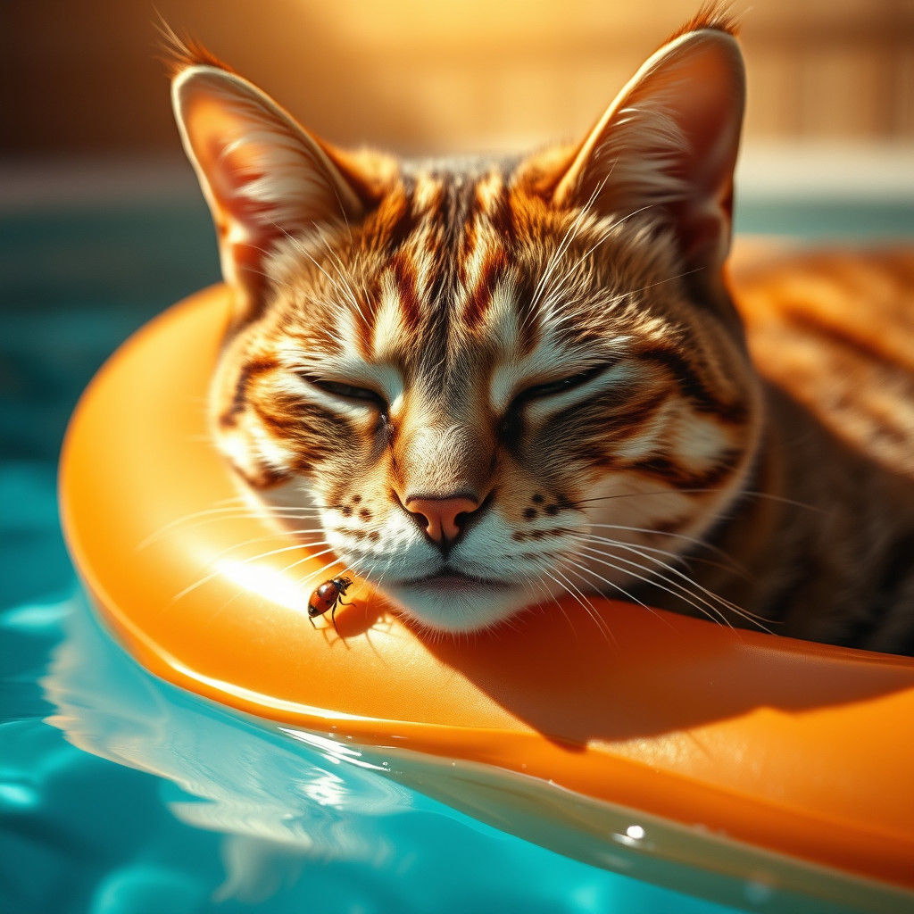 Cat's Serene Moment with Ladybug in Sunlight