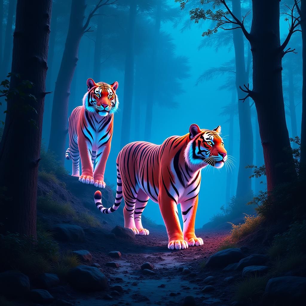 Neon Tigers in Cyberpunk Forest Landscape
