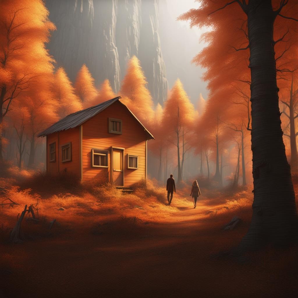 Orange Forest Shack: Detailed Matte Painting